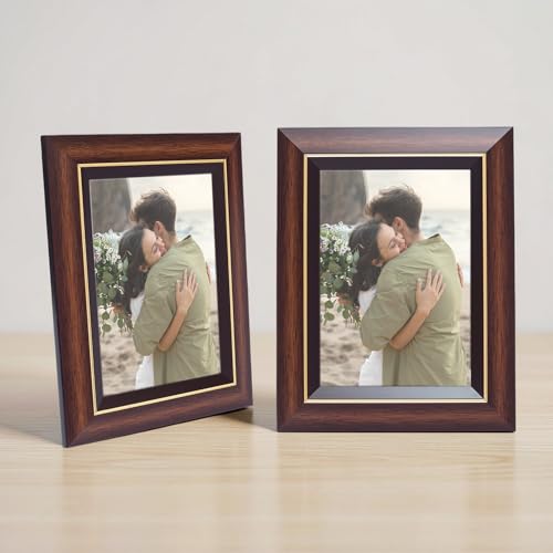 Image of GOLDEN PEACOCK Set of 2 5x7 Inch Photo Frames - Brown & Gold Finish | Elegant Tabletop & Wall Hanging Picture Frames for Home Decor, Office & Gifting