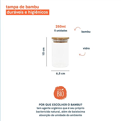 JOGO DE 5 POTES HERMÉTICOS DE VIDRO TAMPA DE BAMBU - 250 ML
