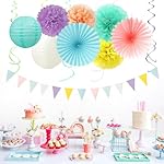 Pastel Rainbow Party-Decorations - 20pcs Pink Yellow Blue Classroom Ceiling Paper Lanterns Fans ,Girl Birthday Tissue Pom Poms,Honeycomb Balls,Bunting,Baby Shower Bridal Wedding Decor Burgleda - Image 5