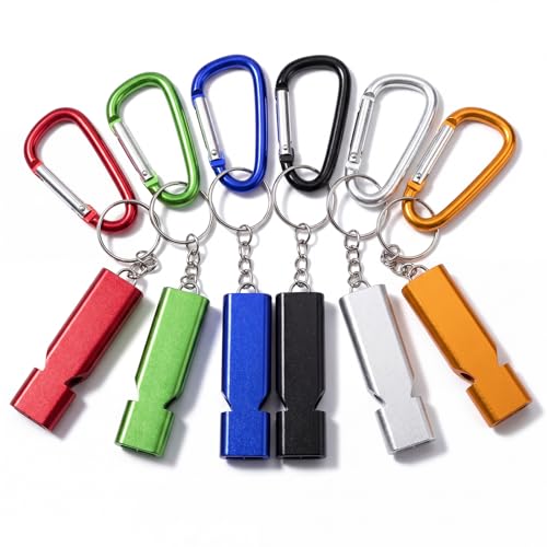 XIECHANEE 6-Pack 2-Inch Aluminum Carabiner Keychain Clips with High-Decibel Whistles, Multi-Color Small D-Ring Hooks for Backpack Accessories, EDC Tools, Camping, Hiking, Outdoor Activity Tools