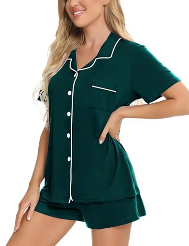 Image of SWOMOG Womens Button Down Pajamas Set Short Sleeve Sleepwear Bride Soft Pj Lounge Sets XS-3XL