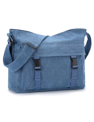 Image of VASCHY Canvas Messenger Bag,Lightweight Large Casual Crossbody Shoulder Hobo Bag for Women Men Satchel Bag for Work/School/Travel/College,Demin Blue