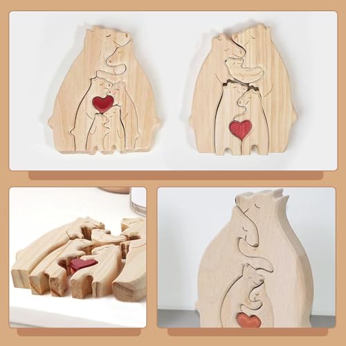 LETTERASHQP Bärenfamilie Holzkunst,Personalisiertes Holzkunstpuzzle, Desktop Ornament Home Tischdekoration, Familie Andenken Geschenke für Muttertag Vatertag (4 Bären)