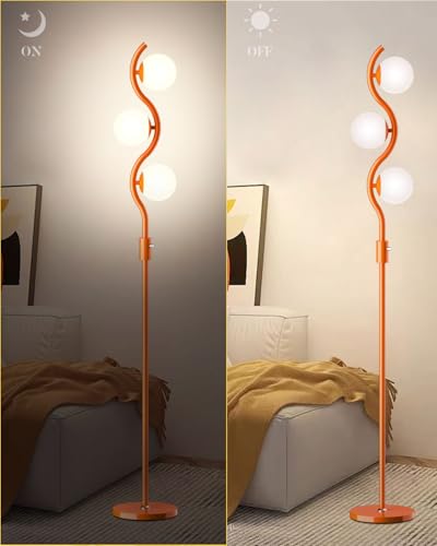 Image of 60IN Dimmable Orange Globe Floor Lamp, Modern Standing Lamps with 3 Soft Warm White 3000K Bulbs, Mid Century Floor Lamp with 5Lbs Heavy Base for Living Room Bedroom Home Decor