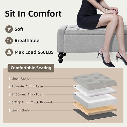 Image of 50 inch W Storage Ottoman Bench with Safety Hinge, Load up to 660 lb Ottoman with Storage, Upholstered Tufted Entryway Bench with Seating for Living Room, Bedroom, Light Gray