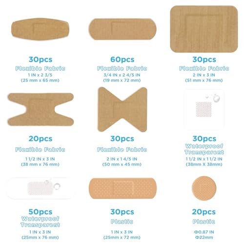 OK TAPE Assorted Adhesive Bandages, 300 Ct, 9 Sizes Sterile Bandage for Wounds, Fingertip and Knuckle, Latex Free, Protection for First Aid (Fabric, Sheer, Waterproof&Clear)