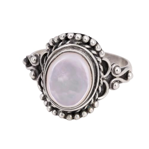Bague en nacre naturelle en argent sterling 925 fait à la main pour femme - Cadeau cabohcon, Pierre précieuse., Nacre