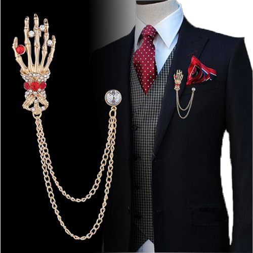 Image of Gothic Halloween Skull Hand Brooch Pin for Women Men Punk Vintage Crystal Skeleton Tassel Chain Lapel Pins Dark Skull Brooches Sweater Suit Accessory