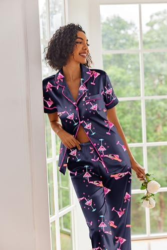 Image of Ekouaer 2 Piece Satin Short Sleeve Pajamas Set Button Down Sleepwear | Soft Pjs Set Classic Loungewear for Wedding, Party, Home, Daily Wear, Date Nights