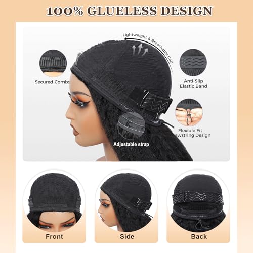 Kinky Straight Half Wig Human Hair 3 In 1 Seamless Flip Over Half Wigs for Black Women Ready to Go Headband Wig 180% Density Drawstring Kinky Curly Half Wig Glueless Natural Black 22 Inch