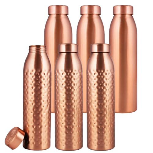 Image of NORMAN JR, Copper Water Bottle 1L - Gift Box of 6, Plain 3, Hammered 3, an Ayurvedic vessel made from pure copper - helps you drink more water, with many health benefits