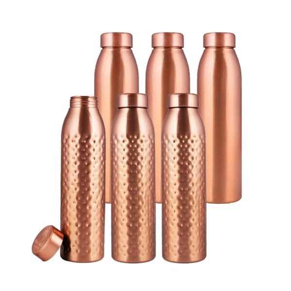 NORMAN JR, Copper Water Bottle 1L - Gift Box of 6, Plain 3, Hammered 3, an Ayurvedic vessel made from pure copper - helps you drink more water, with many health benefits