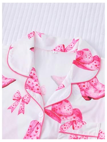Image of Verdusa Women's 2 Piece Floral Bow Pajama Set Short Sleeve Button Down Shirt and Shorts Set White and Pink Small