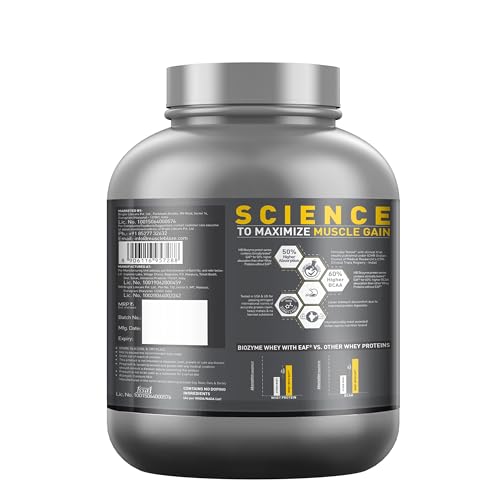 Image of MuscleBlaze Biozyme Whey Protein Powder, Blend of Whey Isolate & Concentrate | 25g Protein, 11.8g EAA & 5.5g BCAA Per Scoop (Kesar Kulfi, 2kg / 4.4lbs)