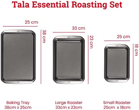 Tala Roasting Set - Non-stick Roasting Pans with Wide Flat Handles - Even Heat Distribution - Bakeware Accessories - 3 Pack, 25 x 18cm Small Roaster, 33 x 23cm Large Roaster & 38 x 25cm Baking Tray