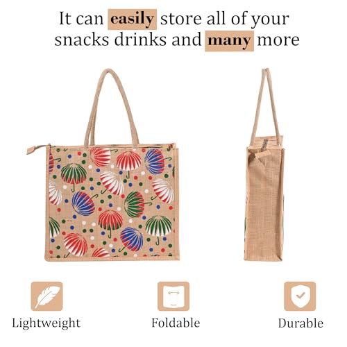 Image of Kuber Industries 2 Pcs Jute Shopping Bag for Women with Handle | Reusable Carry /Shopping Bag for Grocery, fruits & Vegetable | Umbrella Print - Brown
