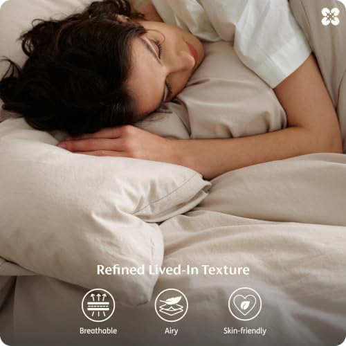 Image of Bedsure PureWoven 100% Washed Cotton Duvet Cover Only, King, Oatmeal | 1 Duvet Cover, No Pillow Shams, Linen Like Textured, Lightweight & Breathable for All Seasons, Zipper Closure, 8 Corner Ties