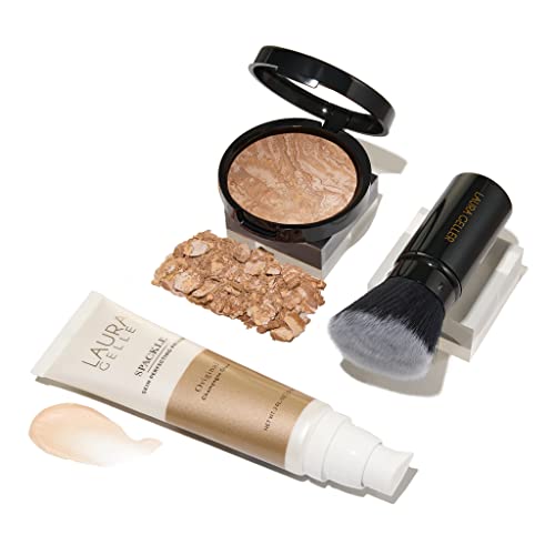 Laura Geller New York Everyday Routine Kit - Baked Balance-N-Brighten Color Correcting Powder Foundation, Medium + Retractable Angled Kabuki + Spackle Makeup Primer, Champagne Glow (3 Pc) #TOP10