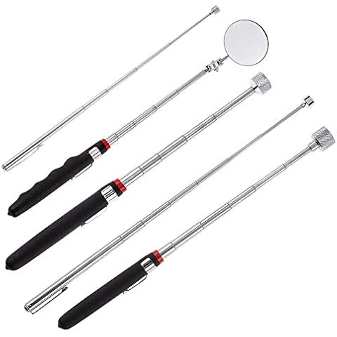 Yebazy 5 Pieces Magnetic Telescoping Pick-up Tool Kit with 1 lb/ 15 lb Pick-up Rod, Telescoping Handle 360 Swivel Round Inspection Mirror for Extra Viewing Pickup Dead Angle Cover