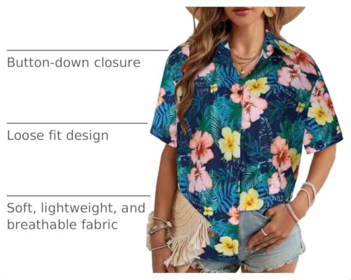 Image of Women Hawaiian Shirt Button Down Summer Tops Beach Short Sleeve Blouse