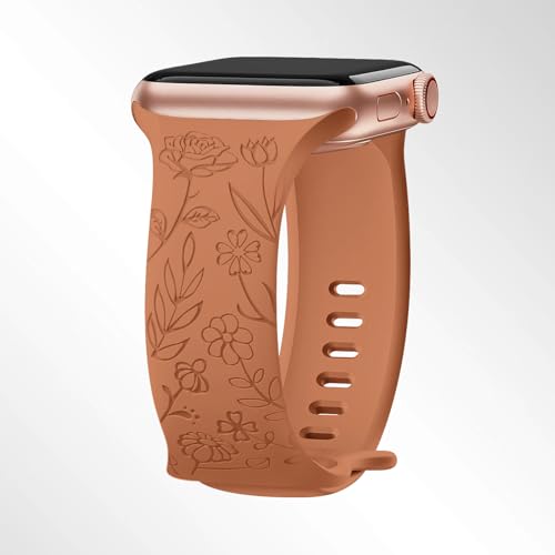 Floral Engraved Watch Band Compatible with Apple Watch Band 38mm 40mm 41mm 42mm 44mm 45mm 46mm 49mm for Women, Soft Silicone Rose Flower Pattern Sport Band for iWatch Series 10 9 8 7 6 5 4 3 2 1 SE (Brown,44/45/46/49/series1.2.3-42mm)