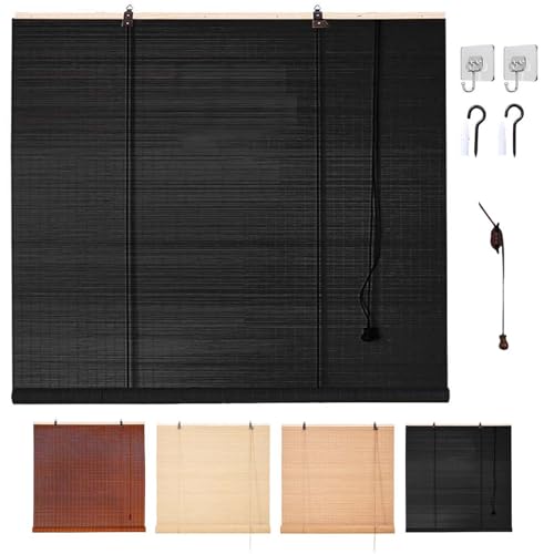 Estor Enrollable de Bambú Natural, Estores de Bambú para Interior Exterior, Persiana Ajustable Opaca de Ocultación,40 65 70 80 90 110 150 160 180cm Persianas Romanas Enrollables(Negro)