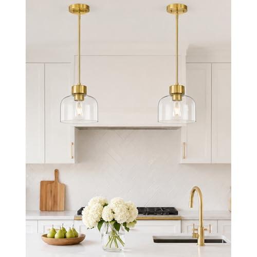 Image of 2-Pack 8 inch Brushed Gold Pendant Lights Kitchen Island, Clear Glass