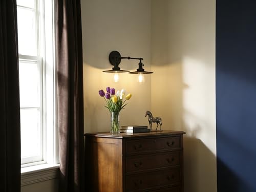 Image of Phansthy 2 Lights Sconce with Switch Matte Black Vanity Light with Dual 7.87 Inches Flat Crafted Light Shade (Matte Black)
