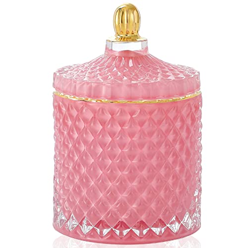EVEREST GLOBAL 10 oz European Glass Storage Jar Candy Bowl with Cover Sugar Cans Diamond Candy Box Jewelry Storage Jar Kitchen (Pink, D 3.35