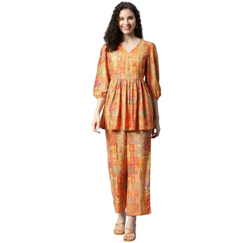 Image of DEEBACO Women's Rayon Peplum Top & Straight Pants Co-Ord Set for Women|Flared Tunic V-Neck & 3 /4 Puff Sleeve Ladies Party Casual Wear Fashionable for Girls Relaxed Fit Cord Set