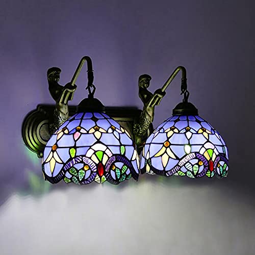 Image of Wall Sconce Vintage Style Stained Glass Bowl Wall Fixtures 2-Light Wall Light in Antique Brass with Mermaid for Bedroom Hallway Stairway Balcony