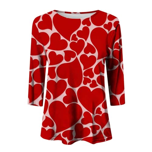 Camiseta de San Valentín para mujer con cuello redondo y estampado casual de amor de San Valentín con tres mangas cuartos camiseta moderna para mujer 2024, Rojo sandía, 3XL - imagen 2