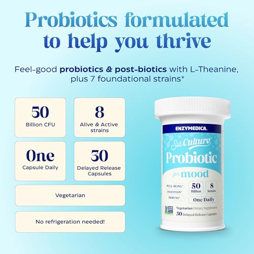 Enzymedica SubCulture Probiotics for Mood, Stress, & Sleep, 50 Billion CFU, Promotes Relaxation, Immune + Digestive Health & Regularity, 30 Count