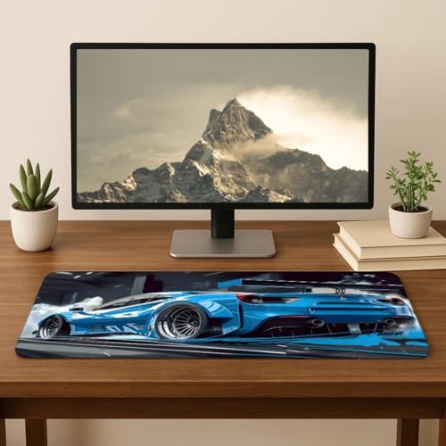 Image of Moto Edition Desk Mat 23x11 Inch - Racing-Themed Keyboard & Mouse Pad for Office, Home & Gaming | Non-Slip Rubber Base, Waterproof Surface, Supercar & Bike Inspired Table Mat (Blue Drift)
