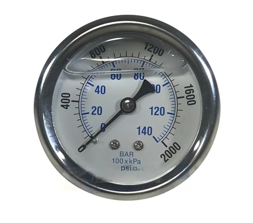 1/4" NPT Back Mount Liquid Filled Pressure Gauge with 2.5" Dial - 0-2000 PSI - for Commercial or Industrial Hydraulic & Pneumatic Systems - Compressor Pressure Gauge Replacement