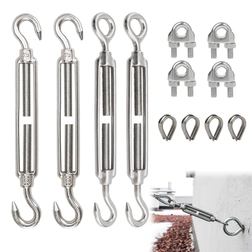YIZWINS 4 Packs Tendeur Cable Inoxydable, Tendeur Cable Acier Inoxydable, Réglable Heavy Duty Tendeurs à Crochet et œillet M5 pour Corde Cable Fil à Linge avec 4 Pièce Serre Corde et Serre câbles en U