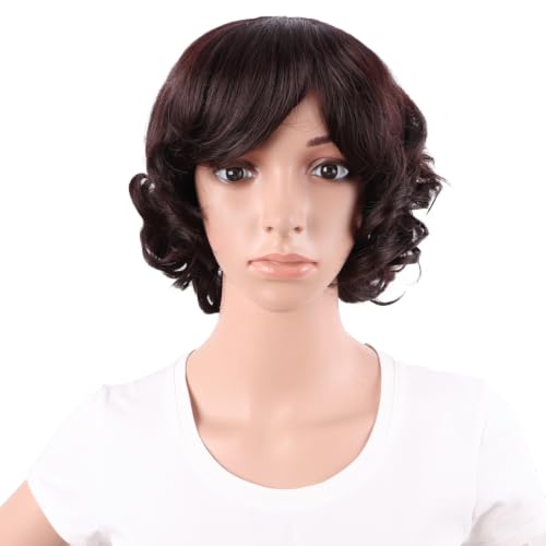 MapofBeauty 11.8 Inch Women Short Curly Side Bangs Fashion Wig, Dark Brown