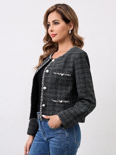 M.Infisavo Womens Tweed Cardigan Blazer Jacket, Cropped Long Sleeve Blazers with Pockets Crewneck Open Front Collarless3