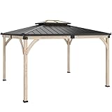 Outsunny 12' x 14' Hardtop Gazebo Canopy with Galvanized Steel Roof, Wood Frame, Double Roof Permanent Outdoor Gazebo with Ceiling Hook for Patio, Garden, Backyard, Light Walnut