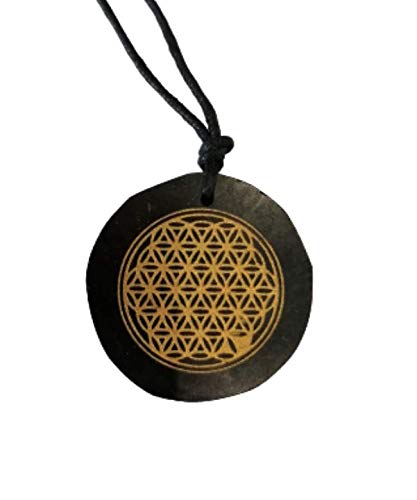 Cristal Atlante Colgante Shungita Flor de la Vida. Tamaño: 3,5 cm de diámetro. Peso: 15 gr. Carelia (Rusia) Todos los Colgantes Incluyen un cordón Negro Encerado.