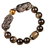 BDSHGRDH Pulsera de obsidiana de oro negro natural con doble PiXiu, oración budista, brazalete de cuentas de piedra de tropas valientes para