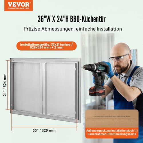 VEVOR Grill-Zugangstür, 914 x 610 mm, Doppelte Außenküchentür, Flächenbündig Montierte Edelstahltür, Vertikale Wandtür mit Versenkbaren Griffen, für Grillinsel, Grillstation, Außenschrank