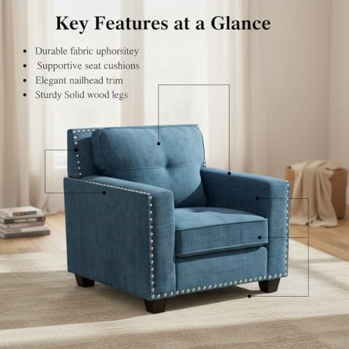 Image of Sofa and Loveseat Set, Linen Living Room Set with Nailhead Trim, 3 Piece Living Room Furniture, Modern 3-Seater Sofa + 2-Seater Loveseat + Accent Chair Sets, for Home Office, Blue