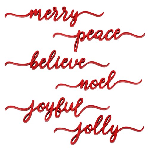 DDLP 12pcs Christmas Plate Decor Wood Cutouts Merry Joyful Peace Believe Jolly Noel Signs Christmas Table Place Cards Holiday Table Setting Decor (Red)