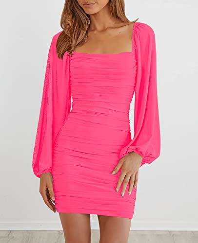 Merokeety Women Square Neck Long Sleeve Mesh Ruched Bodycon Cocktail Party Mini Dress Fluopink Small #TOP1
