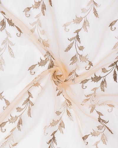 Image of (5 Ft Tissue Fabric Embroidered Curtain | Leaf Design Grommet Curtains Window Curtain | Vintage Classical Floral Print | For Home | Brown (Pack Of 2) | 152 L X 121 W Centimeters