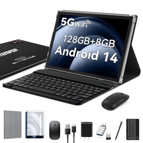 Android 14 Tablet 10 Zoll, 2025 Newest Tablet PC mit 5G WiFi | 8GB RAM+128GB ROM (TF1 TB) | Octa-Core | 1280*800 | GMS丨7000mAh丨13MP+8MP丨BT 5.0 | Face ID丨Tablets mit Tastatur Maus Stift Hülle, Schwarz