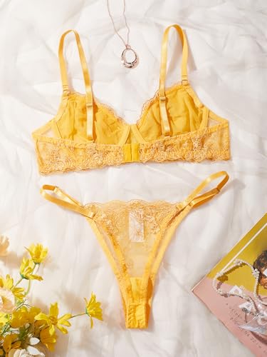 Image of Sexy Floral Embroidered Flower Mesh Underwire Push Up Lingerie Set