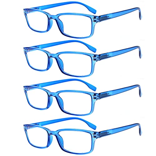 Image of Kerecsen 4 Pack Reading Glasses for Men and Women with Spring Hinges, Lightweight Black Rectangular Readers Eyeglasses (4 Pack Blue, 2.5, x)
