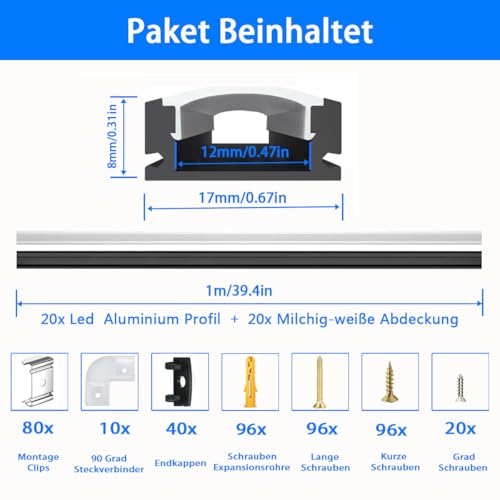 LED Stripe Kanal Schwarz, 20x1M Aluminium Profil U Form Strip Profil für 12mm LED Streifen, Leiste Schiene Kanäle Aluprofil Eckprofil Diffusor mit Milchig Weißer Abdeckung und 90 Grad Eckverbindern